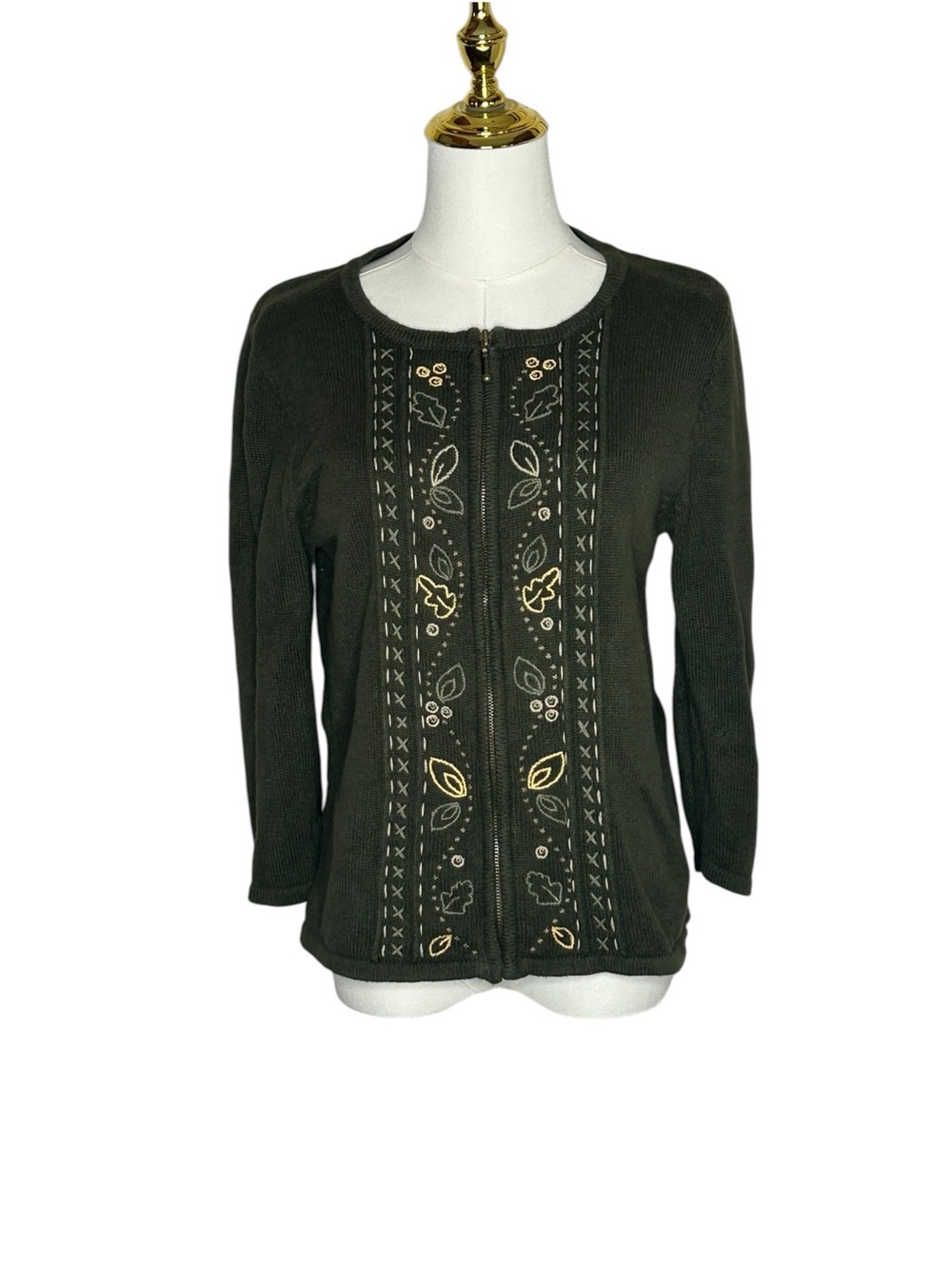 Christopher & Banks Vintage Olive Zip Cardigan Fall Leaf Embroidery Cottagecore